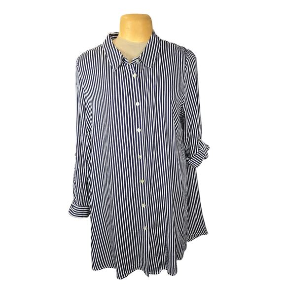 Arna York Collection 18/20 Navy Blue White Striped Button Front Tunic Top Flowy - Picture 1 of 10